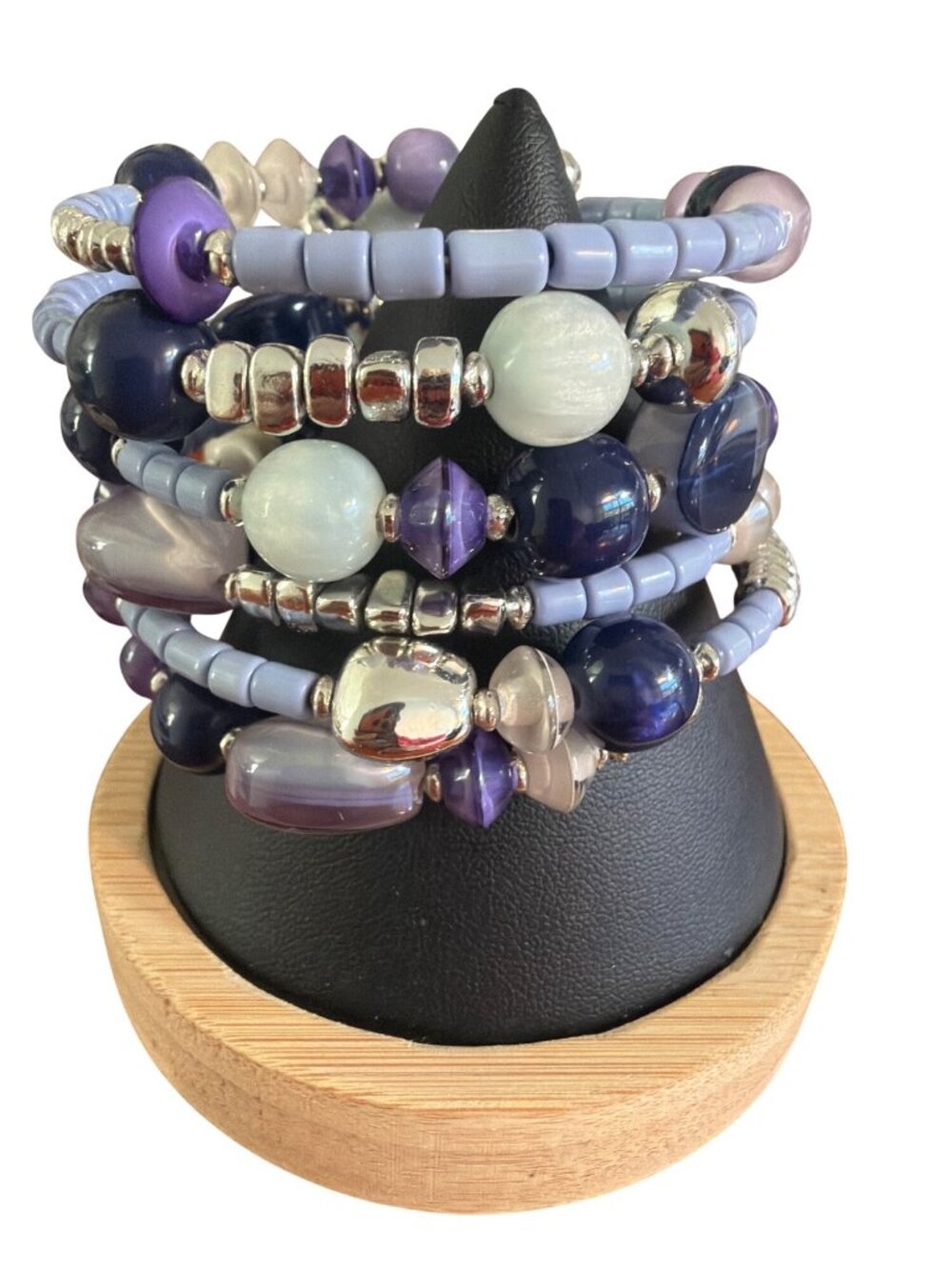 Memory Wire Statement Beaded Necklace 2.25" Wide Coil Blue Silver Purple White